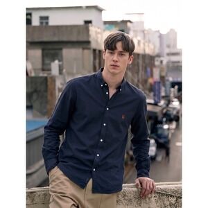 Les Deux Oliver Oxford Shirt Mens Medium Navy Blue Long Sleeve Button Down